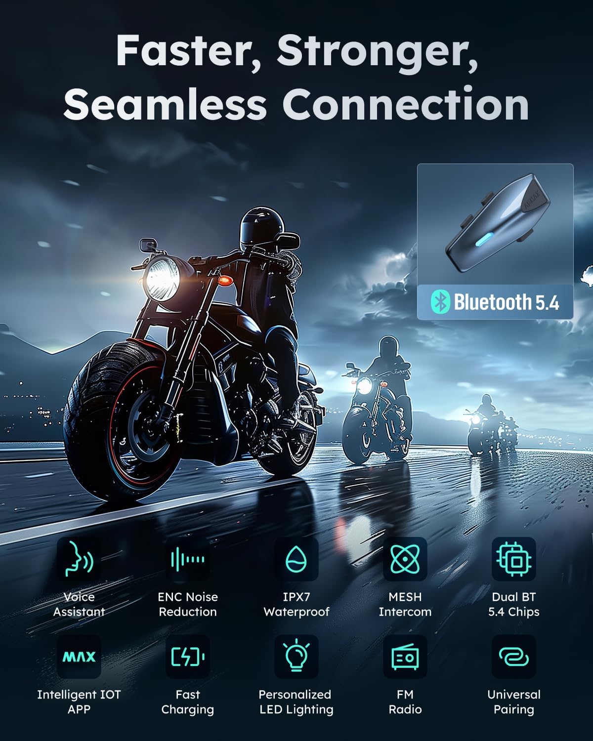 ASMAX S1 Motorheadset met spraakbediening, mesh-helm, communicatiesysteem voor 8 bestuurders, bluetooth 5.4 met audio multitasking/muziekdelen/FM-radio-intercom voor sneeuwscooters/ATV, blauw, 2 stuks