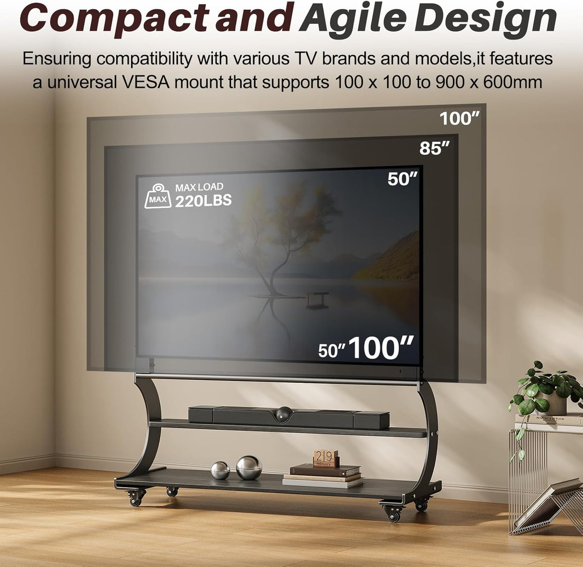 Tv-standaard, oprolbaar, voor 50-100 inch platte en gebogen tv's tot 100 kg, tv-standaard, in hoogte verstelbaar, met 2-traps plank, MAX VESA 900 x 600 mm (zwart)