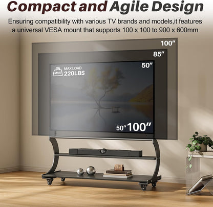 Tv-standaard, oprolbaar, voor 50-100 inch platte en gebogen tv's tot 100 kg, tv-standaard, in hoogte verstelbaar, met 2-traps plank, MAX VESA 900 x 600 mm (zwart)