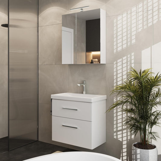 Planetmöbel Bathroom Furniture Set Sink with Bathroom Furniture 63 x 60 x 36.5 cm, Mirror Cabinet 60 cm with LED Lighting (Matt Black) & Socket, Modern Bathroom Furniture, White - QUORE