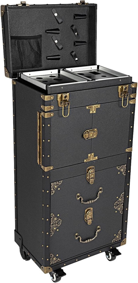 Vintage Hairdressing Trolley Travel Suitcase Work Case Cosmetic Trolley for Salon Makeup Women with Makeup Case Black 4 Pieces Black 38.5*25.5*80.5cm Modern - QUORE