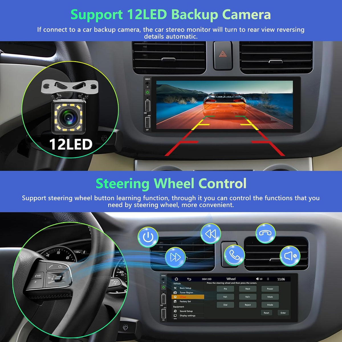 Podofo 1 Din car radio for Apple Carplay Wired Bluetooth Android Auto, 6.86 inch with display Car radio with screen Supports FM mirror jack, rear view camera and microphone - QUORE