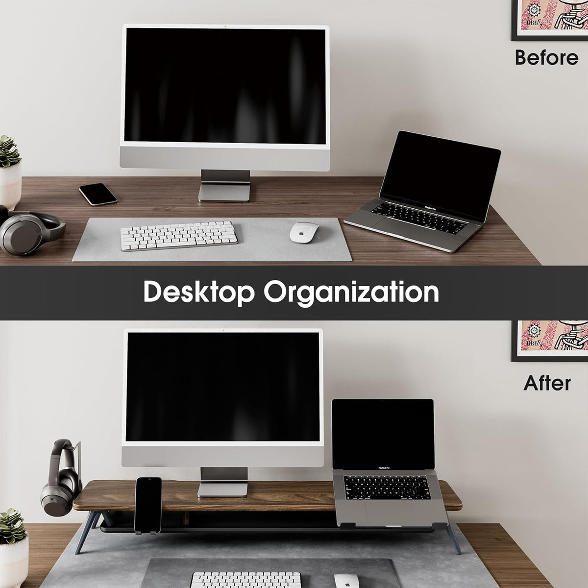 Fenge Monitor Stand, Dual Monitor Riser voor 2 monitoren met verstelbare Laptop Riser, 108cm Desk Organizer met Pad / Hoofdtelefoonhouder Max Belasting 50KG (Bruin)