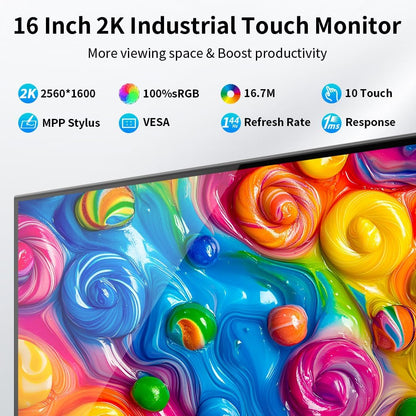 16" 2K 2560 x 1600 Capacitive Touchscreen, 10-Point Capacitive Touchscreen, HDMI/USB C/Mini DP Interface, Integrated Speakers, VESA, Commercial Display - QUORE