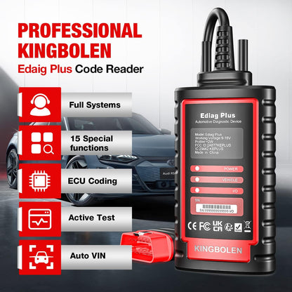 KINGBOLEN Ediag Plus Autodiagnosekoffer, OBD-II Franse diagnose voor 15 complete systemen, Can-FD, auto-wijn, ECU-codering en actieve test, gratis update 1 jaar