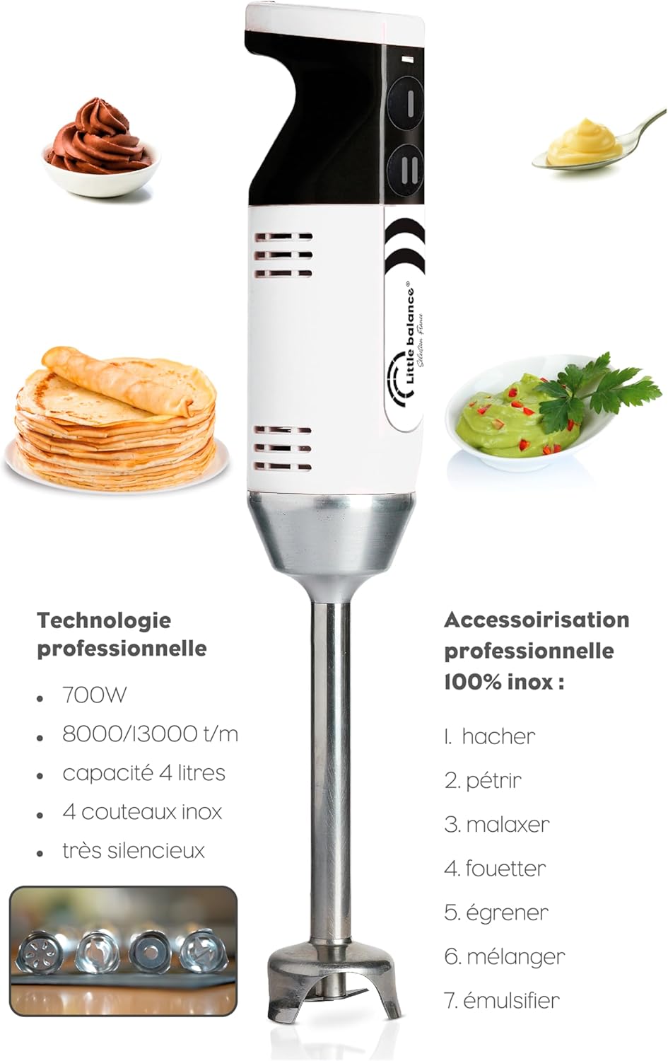 LITTLE BALANCE 8576 Chef Mixx Pro, professionele staafmixer, 2 snelheden, 4 accessoires, 700 W, gemaakt in Frankrijk, wit/roestvrij staal