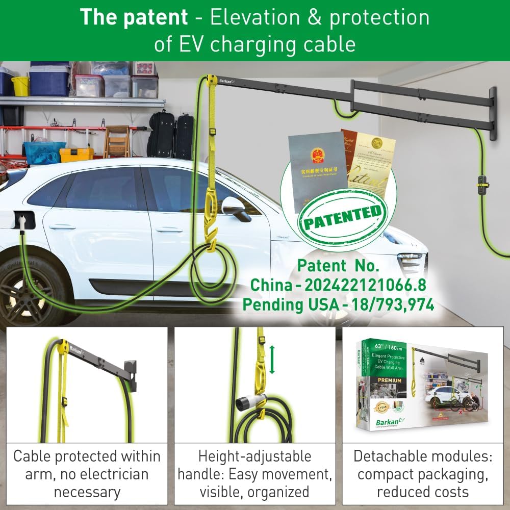Barkan 160 cm lange EV oplaadkabel wandhouder arm, 5 jaar garantie, buiten/outdoor, weerbestendig en waterdicht, voor E-auto EV/PHEV/elektrische autokabel