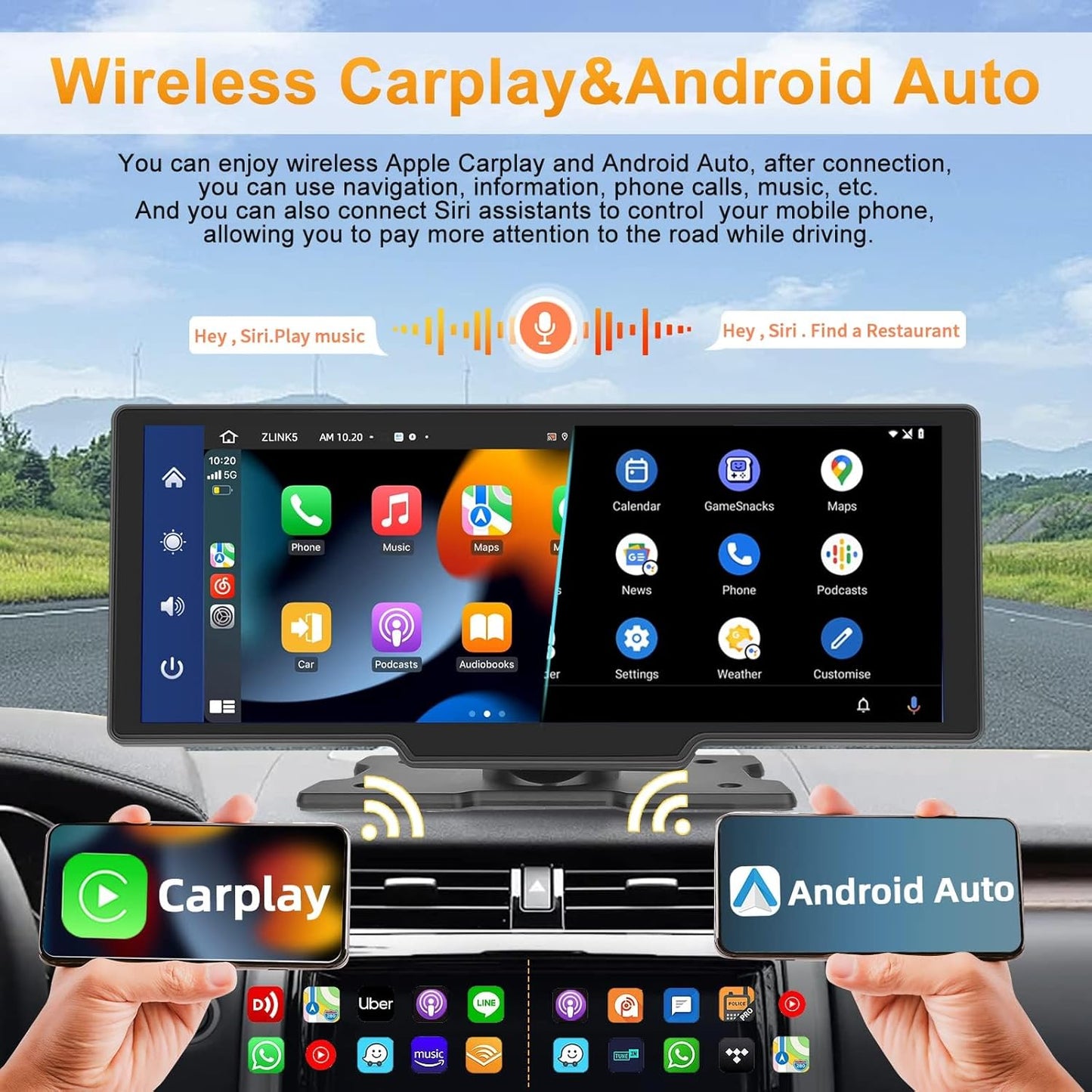 Podofo Draadloze Apple Carplay Android Auto Draagbare Autoradio,9.3 Inch 1080P IPS Touchscreen Carplay Display Autoradio Ontvanger met Bluetooth,FM-Zender,Stembediening,AUX,TF