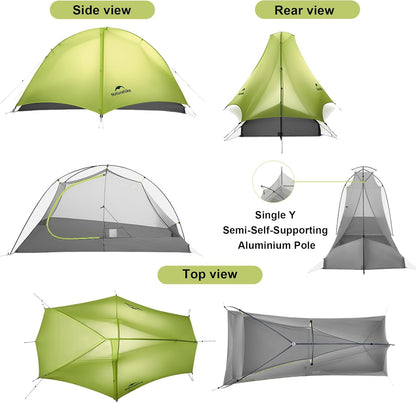 Naturehike PU1500+, ultralichte tent, 780/960 g, waterdichte campingtent, 3-seizoenen wandeltent, 1/2 persoon, voor snelle wandelingen, fietstochten en motortochten