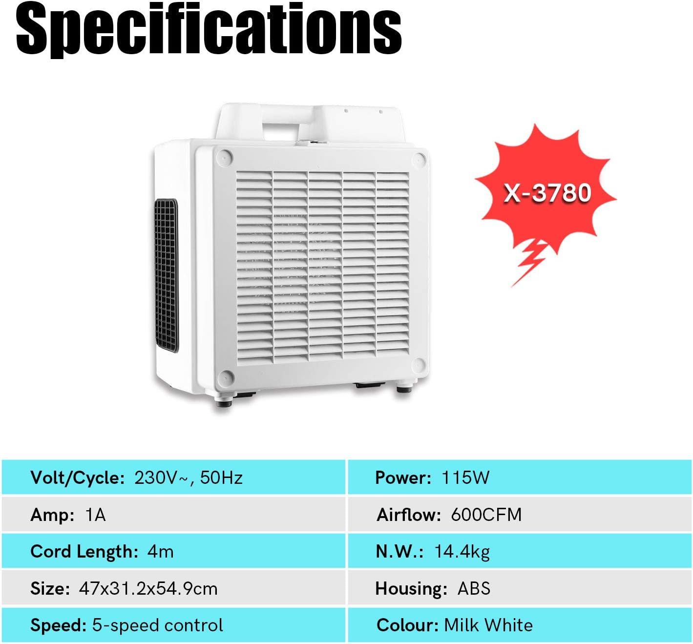 XPOWER X-3780 Air Mover Sealed Motor Low Profile Carpet Dryer - Air Blower Build-in GFCI Power Outlets & Hour Meter Dryer Floor Fan