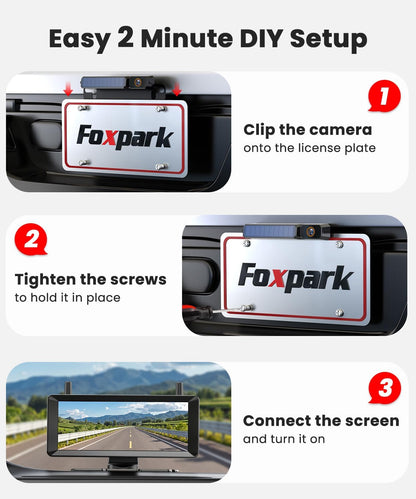 Draadloze achteruitrijcamera op zonne-energie: 2 minuten installatie 7,2 inch 1080p HD-monitor met DVR-opname, dubbele antenne, stabiel beeld, IP69K waterdicht, voor auto, vrachtwagen, caravan, camper