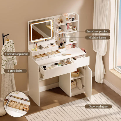 Make-up Tafel – Kaptafel – Toiletspiegel – Make-up Bureau – Make-up Spiegel – LED Spiegel Met 3 Kleurtemperaturen – Ingebouwde Stopcontacten Met 6 Lades