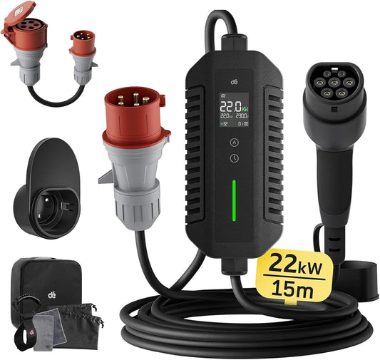 EV Charger Type 2 – Mobiele Laadstation – 3-Fase Oplader – Draagbare EV Lader – Laadkabel 15m – 22 kW Snel Laden – Weerbestendige IP66 Behuizing