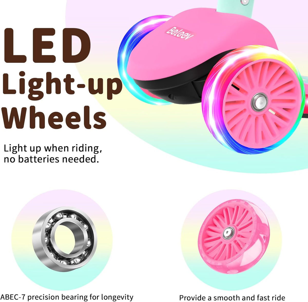 BELEEV A10 Scooter voor kinderen van 3 tot 12 jaar, met ledverlichting, step, dek, inklapbaar, 3 wielen, voor meisjes en jongens, 4 in hoogte verstelbaar, antislip brug, maximale belasting 50 kg