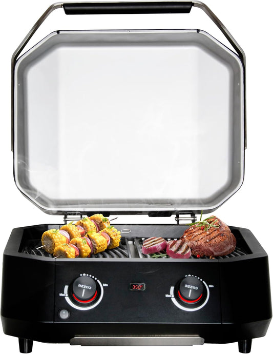 Geavanceerde elektrische grill met twee zones, 2100 W, indirect koken, digitale thermometer, roestvrij staal, zwart