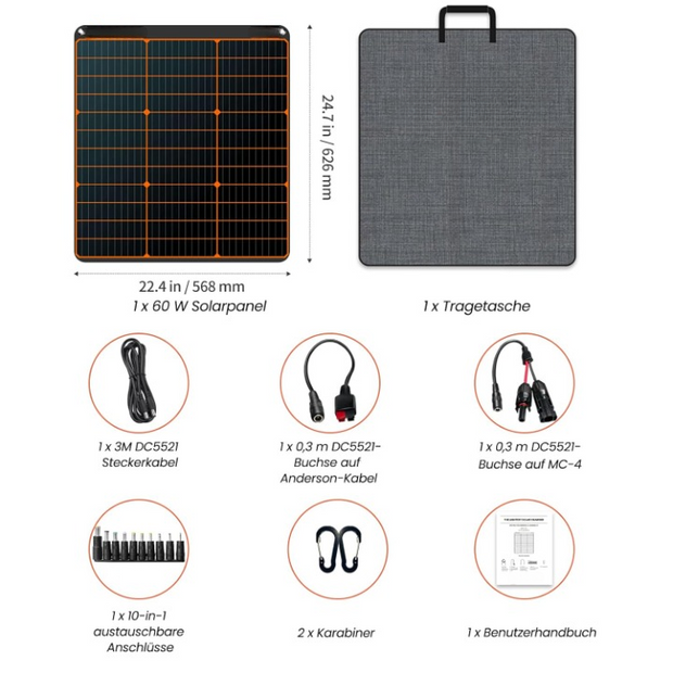 Zonnepanelen met Stekker - Zonnepaneel-Oplader - Zonnepaneel - 60 W - Opvouwbare - Draagbaar - met USB-C - QC 3.0 - DC-uitgang - voor Camping - Stroomuitval - Noodsituaties - IP67 Waterdichte - 18V DC - 70 x 64.5 x 8 cm - Zwart