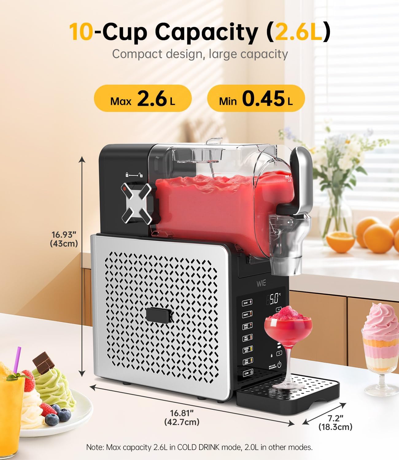 WIE Slush-machine, ijsmachine, dessertmachine, milkshake, frappé wijn, automatische reiniging, 2 liter inhoud, turbo freeze, geen ijs nodig