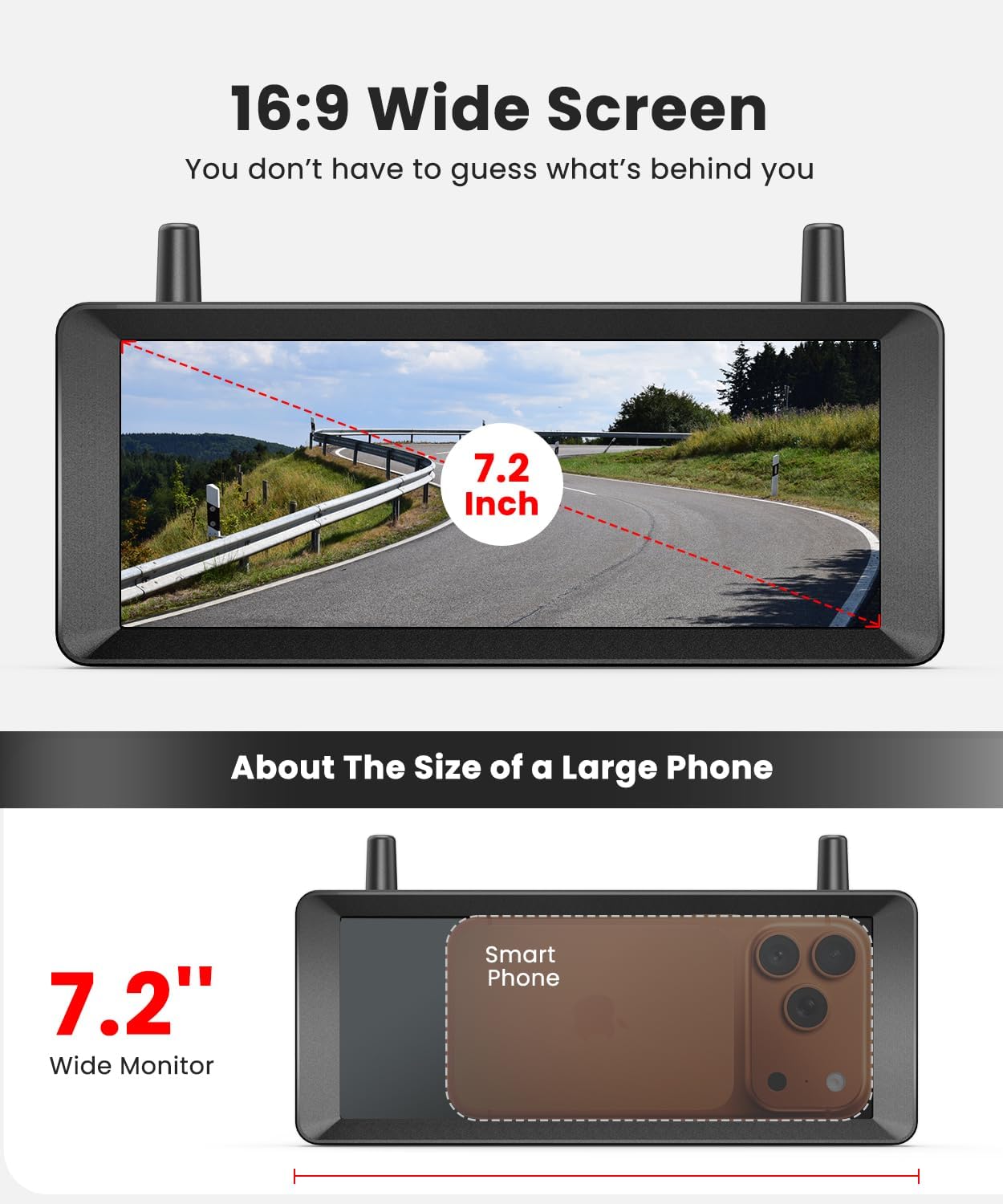 Achteruitrijcamera op zonne-energie, draadloos 2-camerasysteem: 2-min installatie, 7,2 inch, 1080p HD splitscreen-monitor met dubbele antennes, stabiel signaal, IP69K waterdichte achteruitrijcamera's