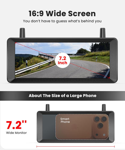 Achteruitrijcamera op zonne-energie, draadloos 2-camerasysteem: 2-min installatie, 7,2 inch, 1080p HD splitscreen-monitor met dubbele antennes, stabiel signaal, IP69K waterdichte achteruitrijcamera's