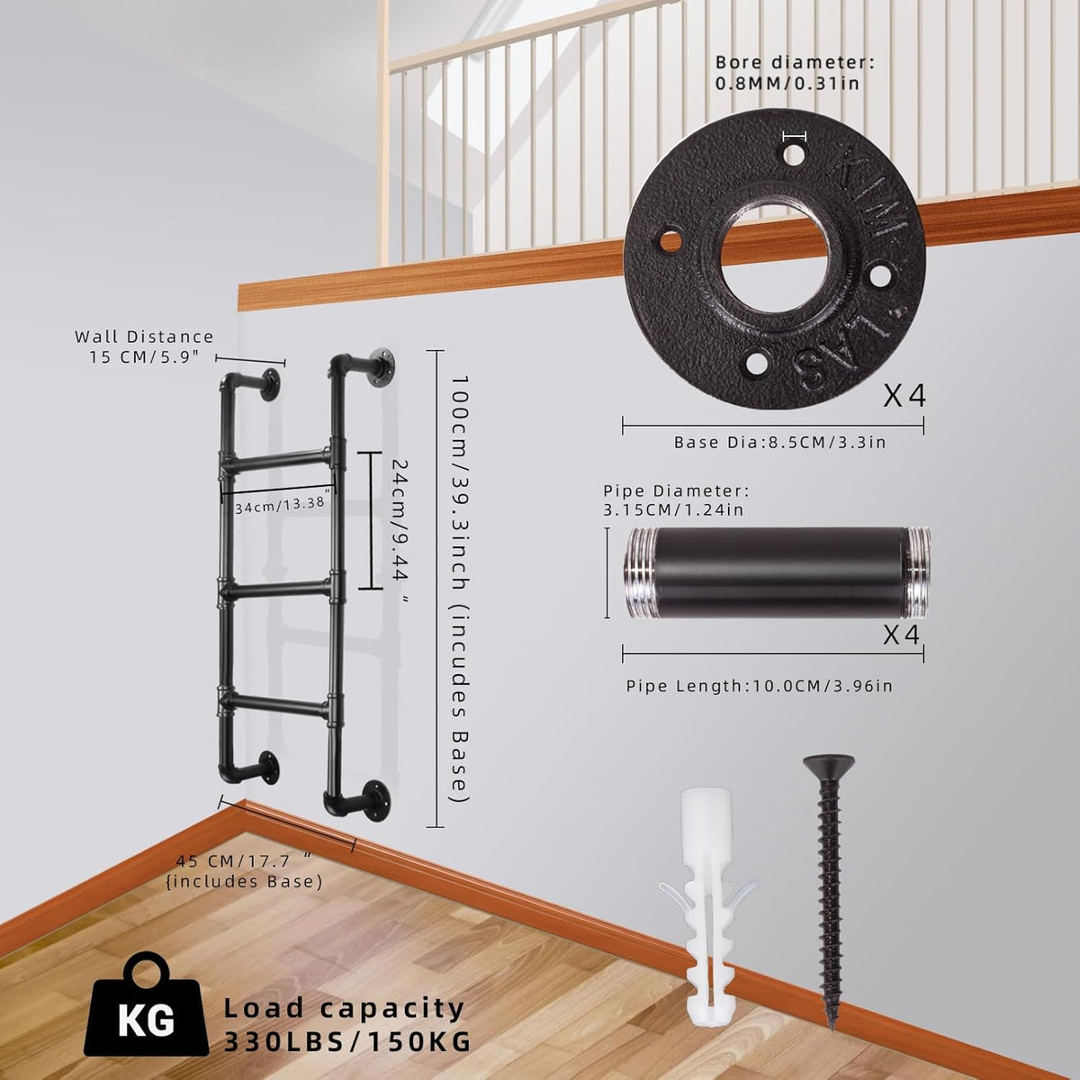 3-rings stapelbedladder, 10 x 3 m, wandmontage, kelder, raam, fontein, ladder, zwarte smeedijzeren industriële buisstappen, ladders, 100 kg, metalen binnenladders voor buiten