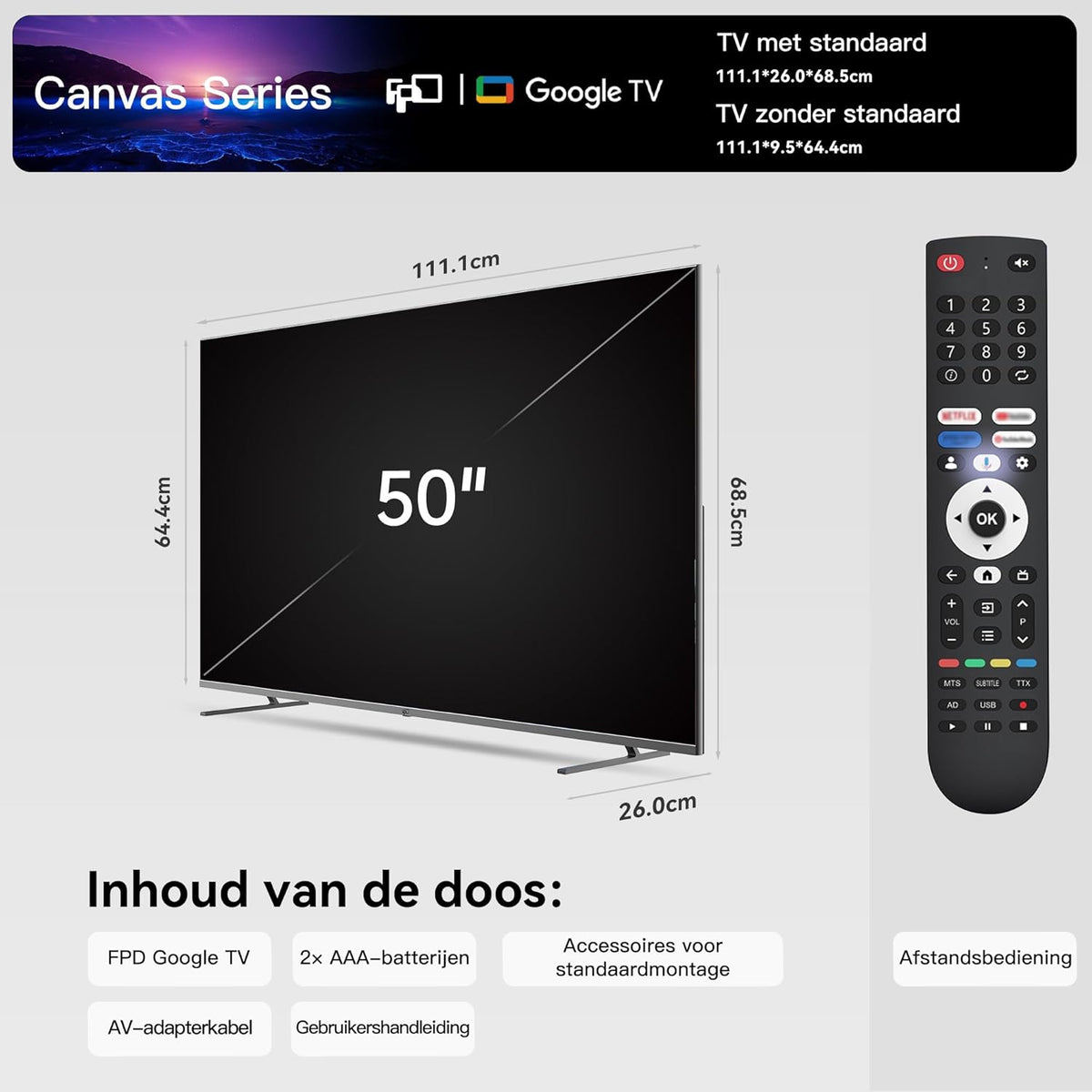 FPD 50 Inch Smart TV, 4K LED Google TV met Google Play, Ingebouwde Google Cast, HDR 10, MEMC, Spraakafstandsbediening, Dolby Atmos & Vision, UHD Stream Live Televisie (CG50)