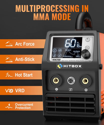 HITBOX Gasloos Flux Cored Lasapparaat, 200A 230V, 4-in-1 MIG/MMA/ARC/Lift TIG/Spool Gun Lasser (HIM200)