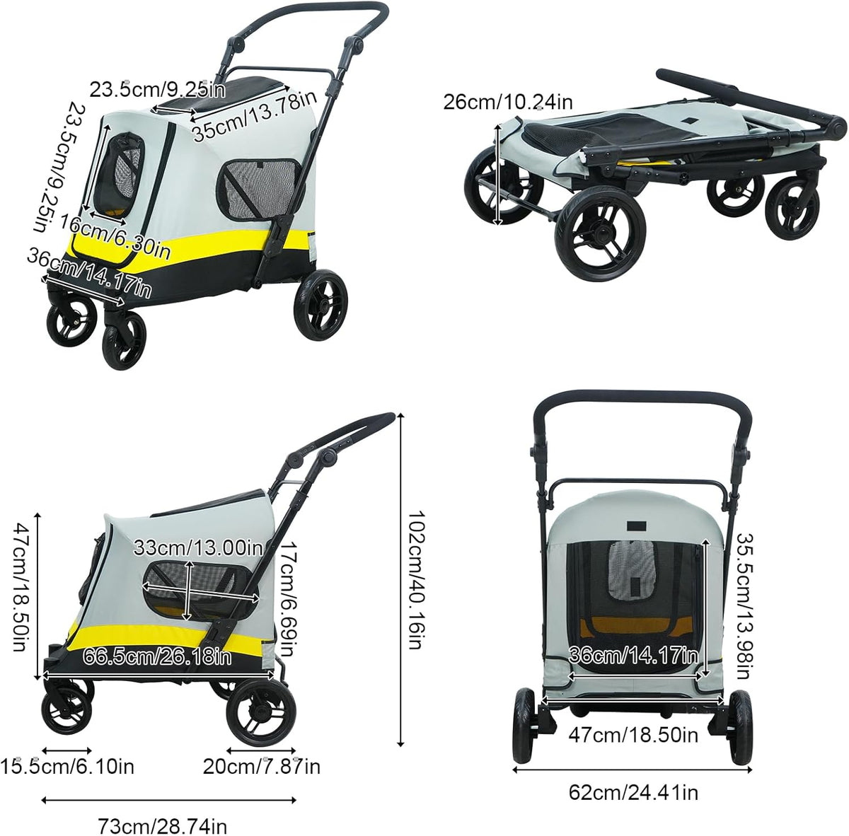BingoPaw Hondenwagen voor kleine honden, opvouwbare hondenbuggy tot 20 kg, hondrolley met 4 wielen, 3 netramen, verstelbare handgreep, veiligheidsgordel, voor boswandeling, stadswandeling en
