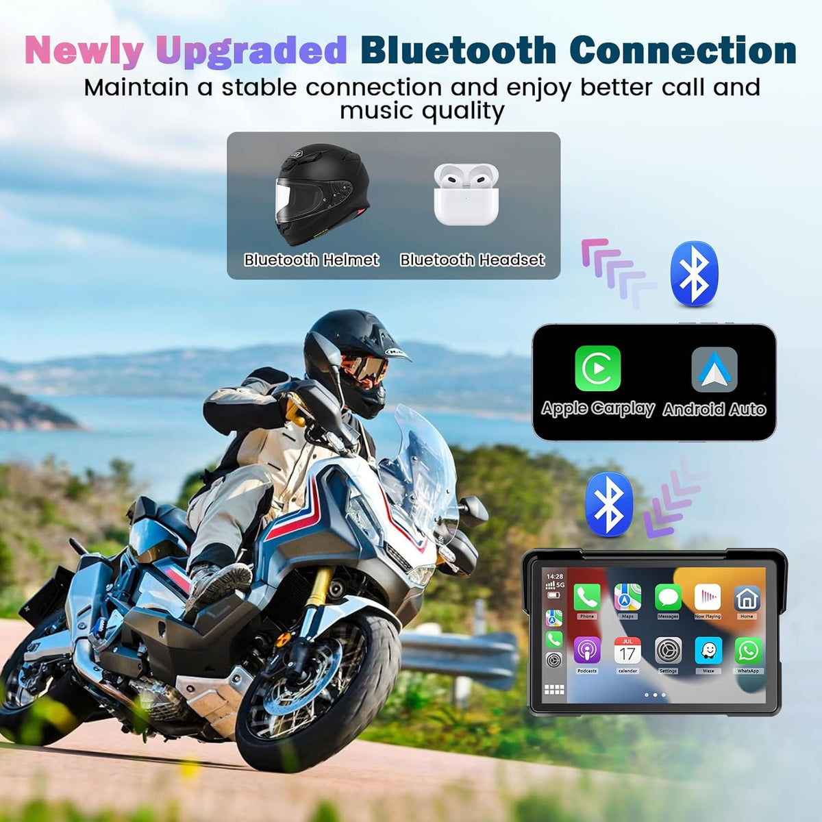 Motornavigatieapparaat voor motorfiets, met CarPlay en Android auto, 7 inch waterdicht, display van motorfietsen met bluetooth, motornavigatie, spraakassistent, magnetische houder