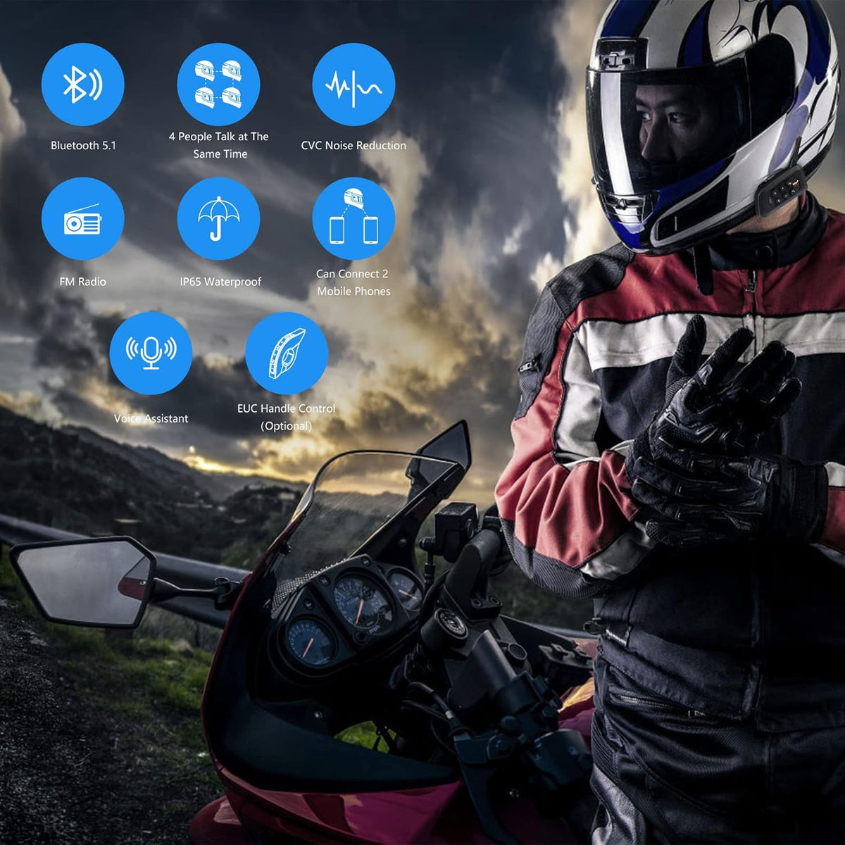 EJEAS V4 Plus Motorcycle Intercom, Motorcycle Helmet, Bluetooth 5.1 Headset with FM and CVC Noise Cancellation, Good Sound Quality and Stable Connection for 4 People, Full Duplex Intercom (2 Pack)