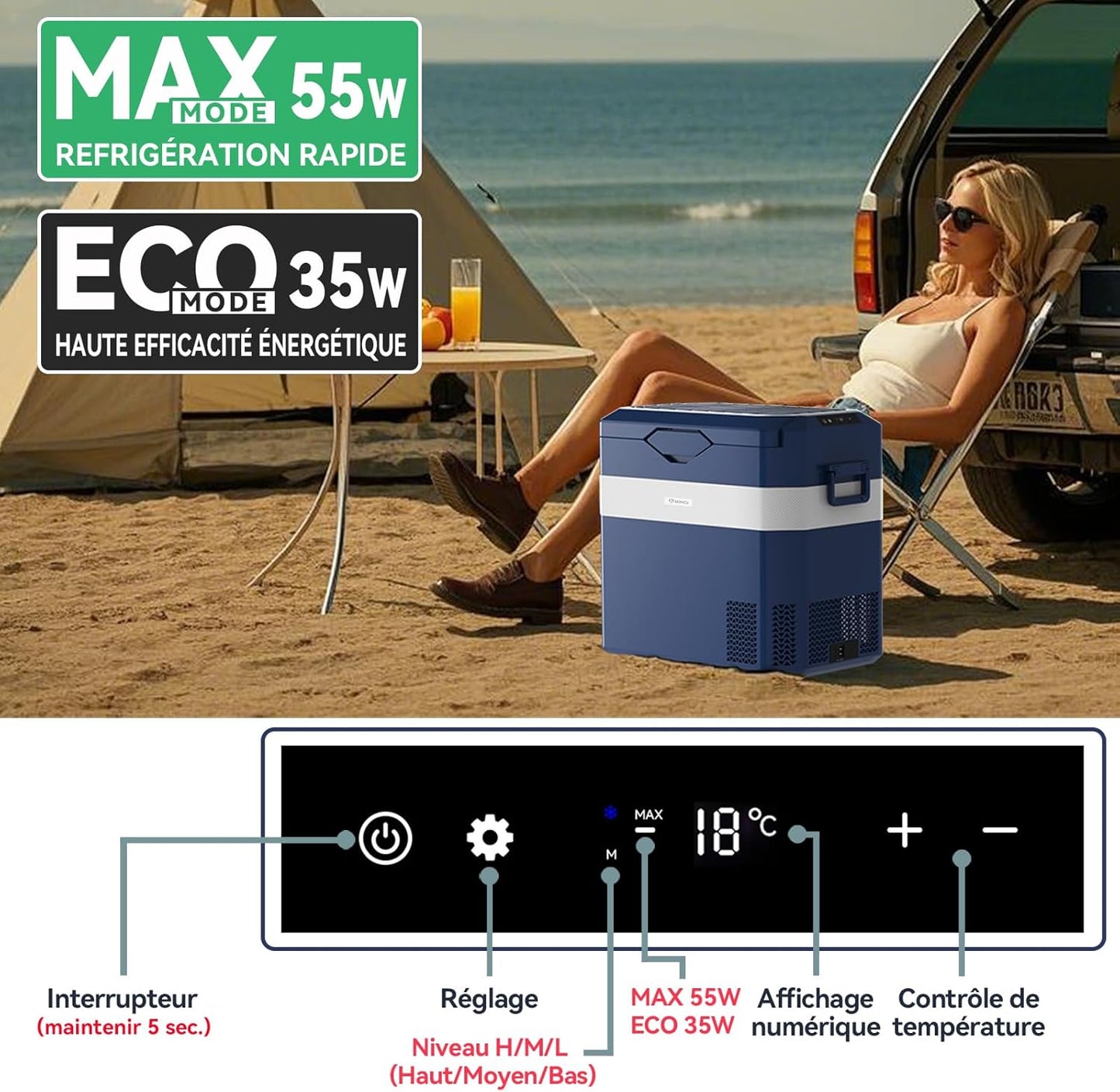 BINGI Compressor Koelbox, 38 Liter Draagbare Auto Koelkast, 12/24 V DC en 230 V AC voor Auto, Vrachtwagen, Camping, Camper en Stopcontact