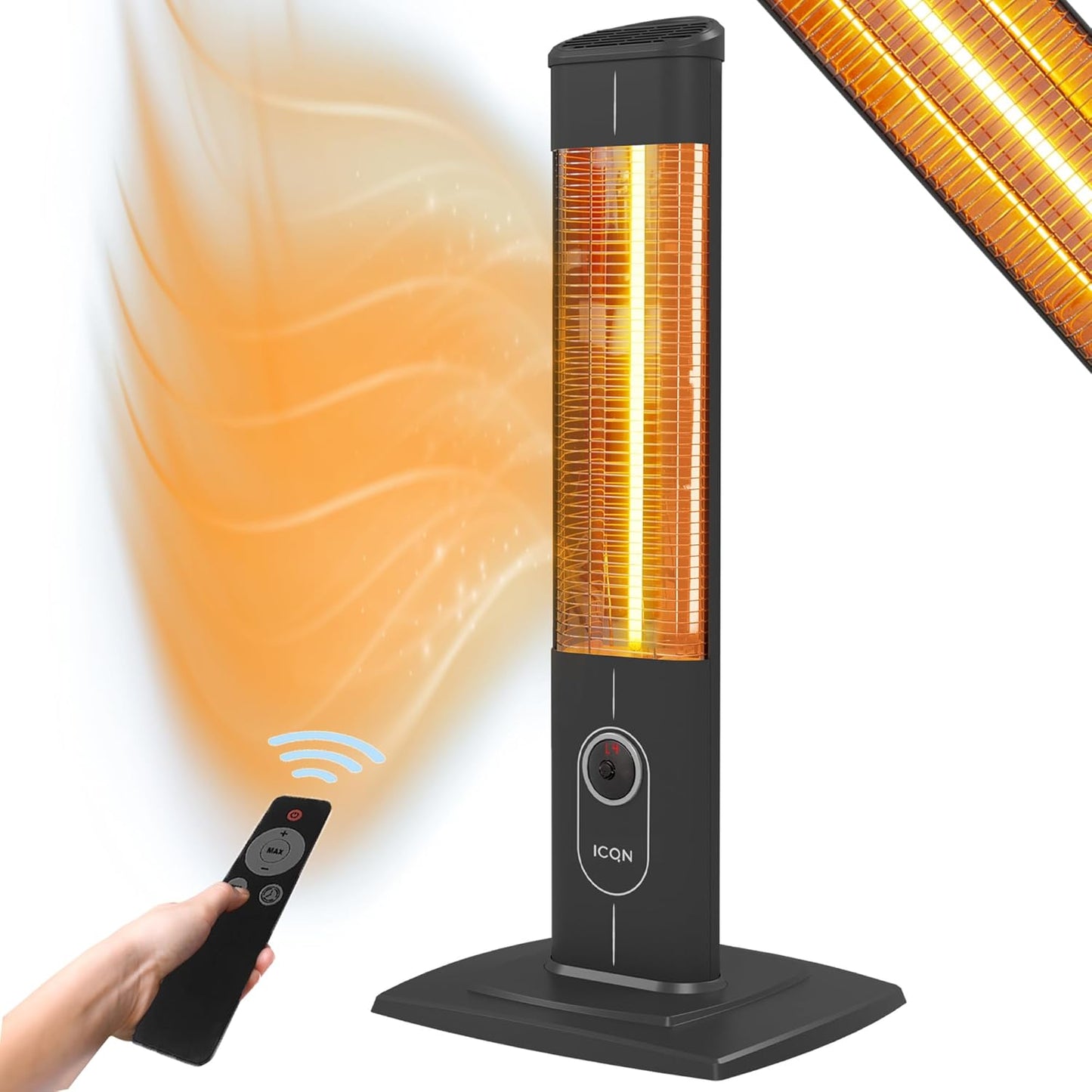 ICQN Staande warmtestraler met afstandsbediening, 2300 watt, Infraroodverwarming voor binnen en buiten, staande warmtestraler, IP20, digitaal display
