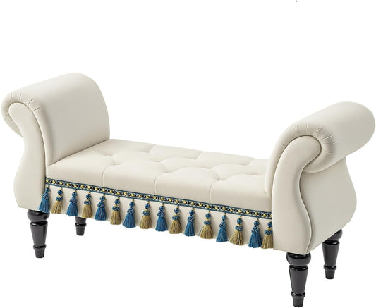 Gestoffeerde Bank – Sofa – Zitbank – Schoenenbank – Bedbank – Fluwelen Bekleding – Stevig Rubberhouten Frame – Beige – 117x40x58 cm
