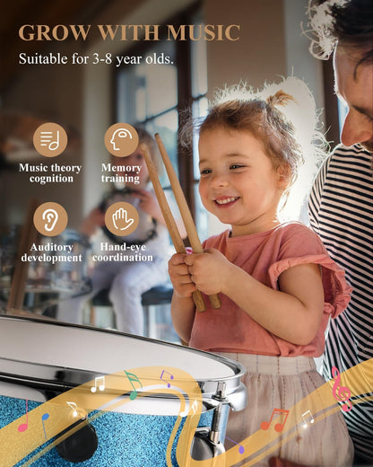 Eastar 3-delig voor kinderen, 3-delig voor beginners, 14 inch drumset met verstelbare troon, bekken, pedaal en twee paar drumsticks, junior drumset met bas Tom snaredrum, metallic hemelsblauw