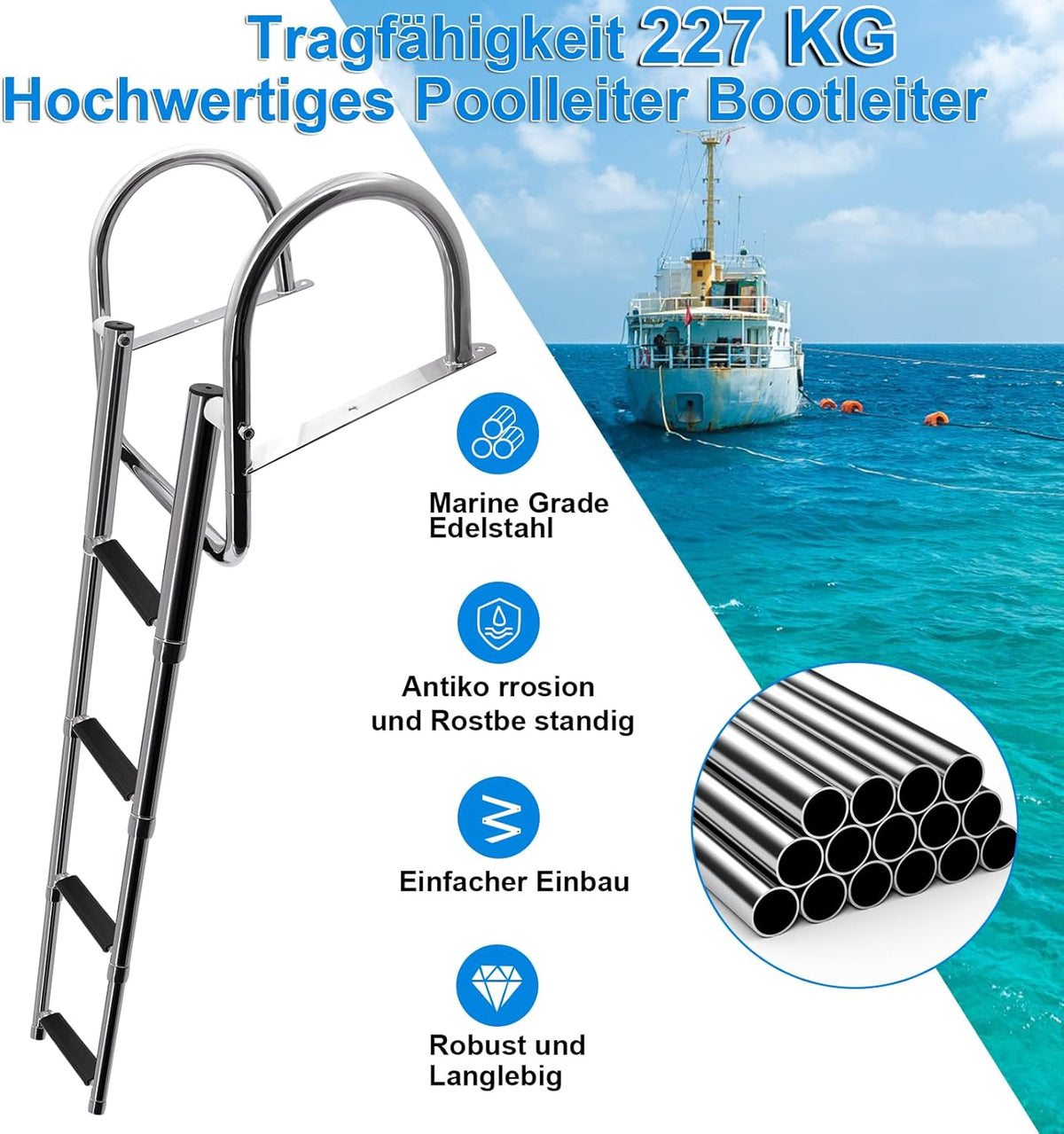 KAOLALI Bootladder, 4 treden, zwembadladder, roestvrij staal, inklapbaar, telescoop met grote leuningen en brede sporten, draagkracht 227 kg, voor zwembad, dek en boot