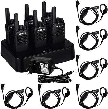 Retevis RT668 Walkie Talkie met Oortjes, PMR446 Licentievrije Radio met 6-Weg Oplader, Oplaadbare Walkie-talkies Lange Afstand, 16CH Draagbare Handheld Transceiver VOX voor Beveiliging(Zwart, 6 Stuks)