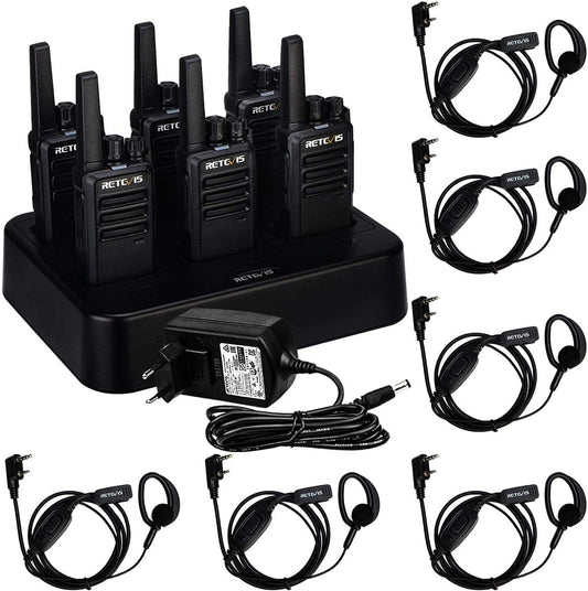 Retevis RT668 Walkie Talkie met Oortjes, PMR446 Licentievrije Radio met 6-Weg Oplader, Oplaadbare Walkie-talkies Lange Afstand, 16CH Draagbare Handheld Transceiver VOX voor Beveiliging(Zwart, 6 Stuks)