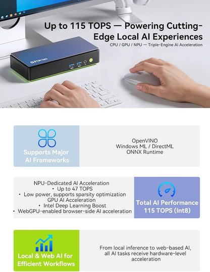GMKtec K13 AI Mini PC, Core Ultra 7 256V 8T/8C(Up to 4.8GHz), 16GB DDR5 1TB SSD, MiNi Desktop Computers AI Boost, 2X M.2 2280 PCIE 4.0 Storage Expansion, 5GbE LAN, HDMI 2.1, USB4