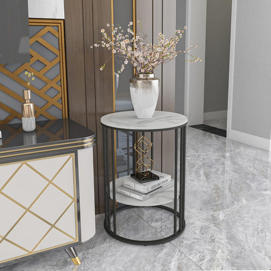 FATIVO Bijzettafel, rond, marmer, wit, 2 planken, woonkamertafel, moderne salontafel, luxe nachtkastje met zwart ijzeren frame, 40 x 40 x 54 cm, voor woonkamer, slaapkamer