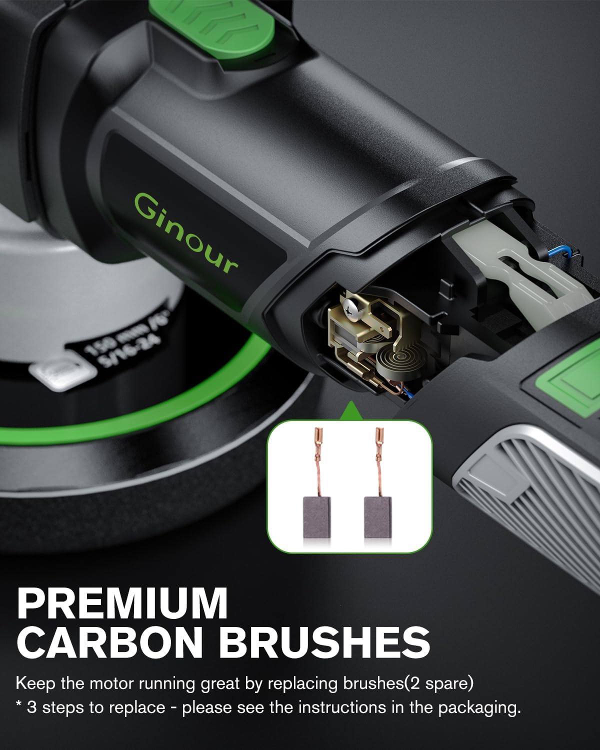 Ginour 900 W excentrische polijstmachine, 6 snelheden, 5x 150 mm polijstspons, afneembare hand- & zijgreep, 3 m kabel, auto, boot, motorfiets