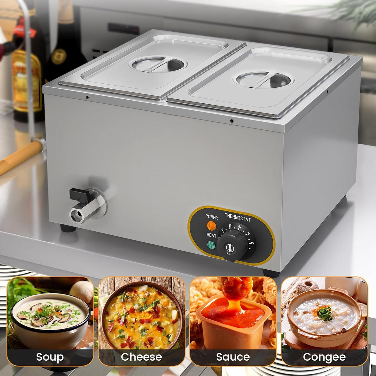 Bain Marie elektrische voedselwarmer, professioneel, roestvrij staal, 2 x 1/3 GN containers met deksel, temperatuur verstelbaar 30 °C - 85 °C, voor restaurants Les Cantine