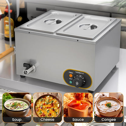 Bain Marie elektrische voedselwarmer, professioneel, roestvrij staal, 2 x 1/3 GN containers met deksel, temperatuur verstelbaar 30 °C - 85 °C, voor restaurants Les Cantine