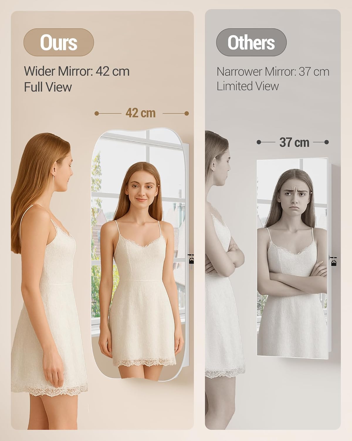 Hzuaneri Jewellery cabinet, mirror cabinet, wall cabinet with LED lighting, wall cabinet with mirror, lockable, with interior mirror, white surface, inner lining by Greige