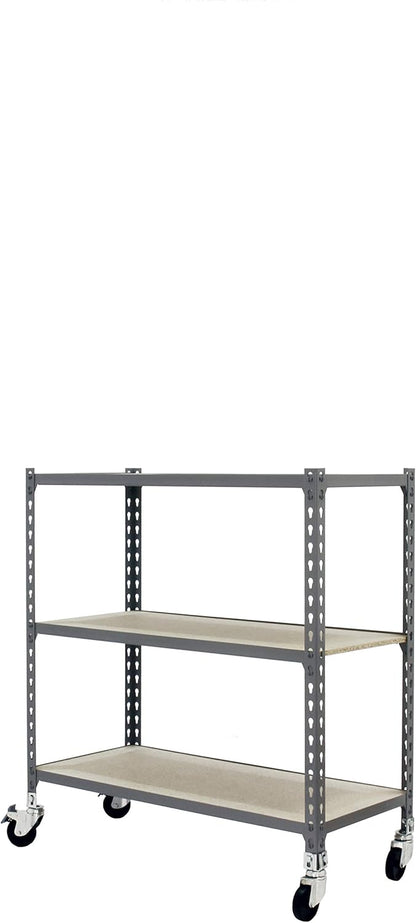 Simon Rack Stellingkast Metaal met Wielen, 975x1100x400 mm, Buigpunt 75, 3 Verstelbare Niveaus, MDF Planken, Robuust Opslagrek voor Garage, Kelder en Werkplaats, Grijs/Hout – SimonClick