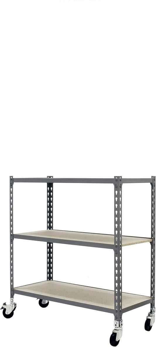 Simon Rack Stellingkast Metaal met Wielen, 975x1100x400 mm, Buigpunt 75, 3 Verstelbare Niveaus, MDF Planken, Robuust Opslagrek voor Garage, Kelder en Werkplaats, Grijs/Hout – SimonClick