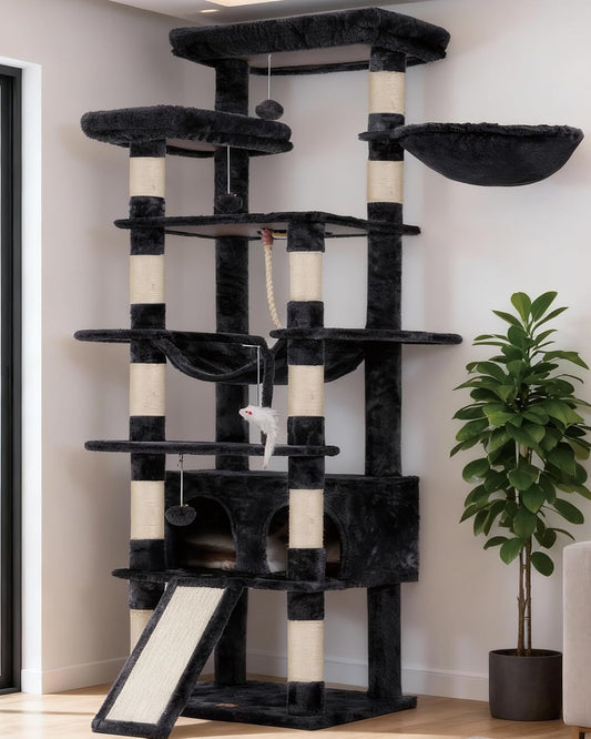 Heybly Scratching Post, 200cm High, Cat Tree, With 11 Scratching Posts, Large Platforms, 2 Baskets, Hammock, Cave, Plush Balls, Multi-storey Cat Scratching Post, Light Grey HCT033W - QUORE