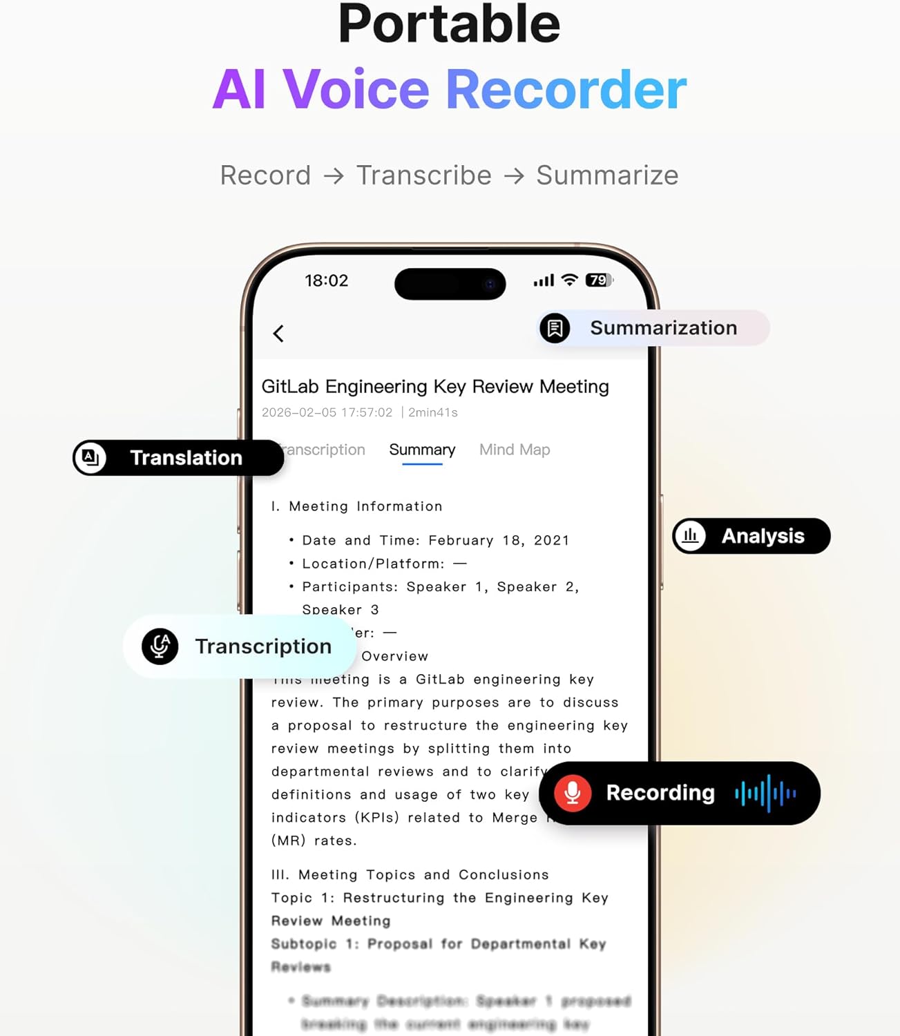 Digitaal dicteerapparaat met AI-samenvatting – dictafoon – voicerecorder – audiorecorder – opnameapparaat – AI-transcriptie in 145 talen – 64 GB geheugen en 3 opnamemodi