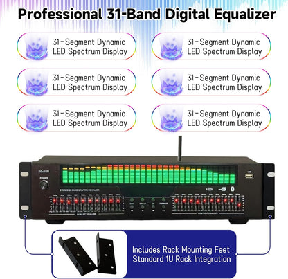 31-Bands Digitale Equalizer, Audio Visualizer met LED Spectrum Display, Professionele Grafische Equalizer met 31 Dynamische Kanalen, Dubbele 10-Band Onafhankelijke Geluidsregeling, Audio Processor