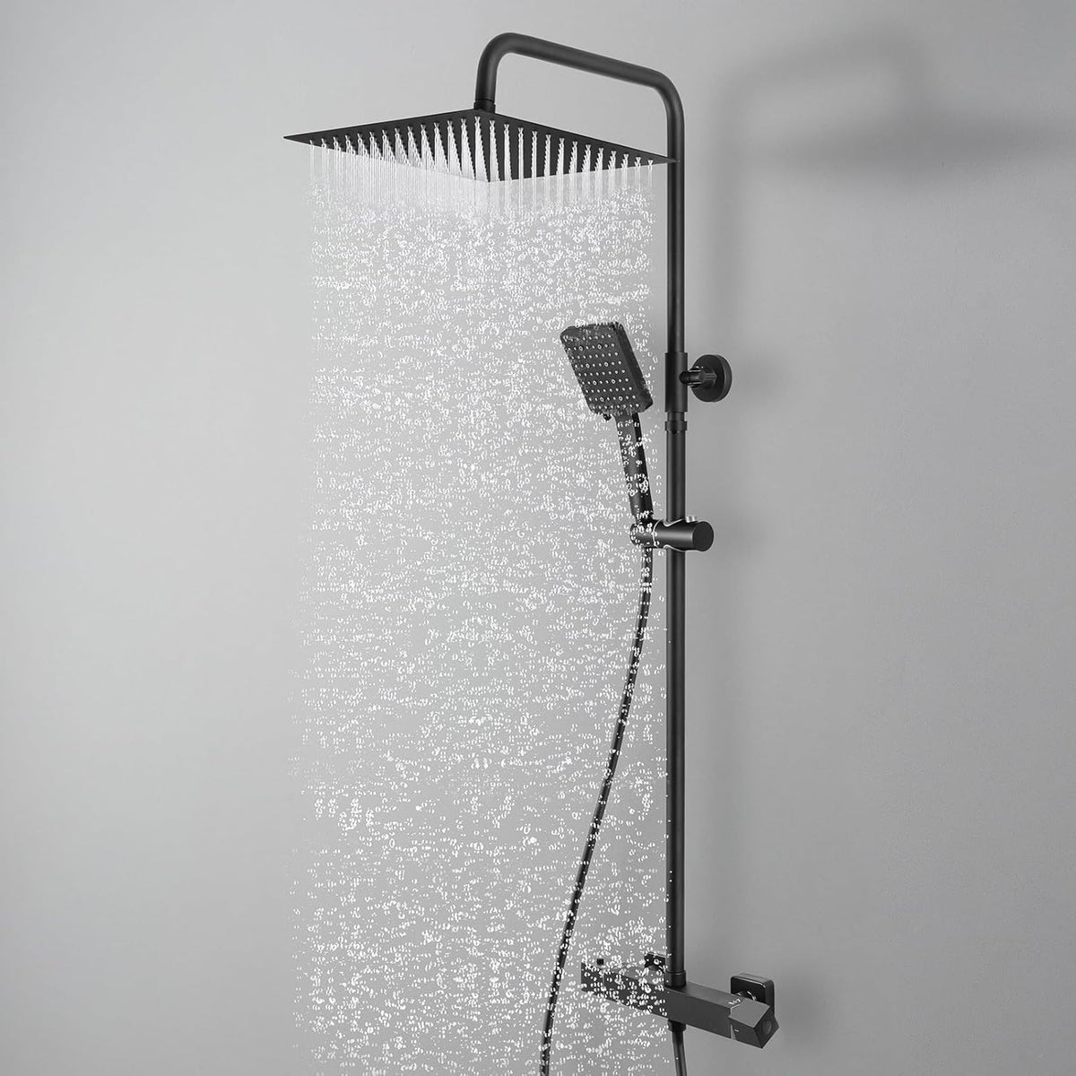 Thermostaat Doucheset – Douchegarnituur – Douchestang – Regendouche – Handdouche – 30x30 cm RVS Regendouche – 6 Straalsoorten Handdouche – Verstelbare Douchestang 88-124 cm – Matzwart Roestvrij Staal
