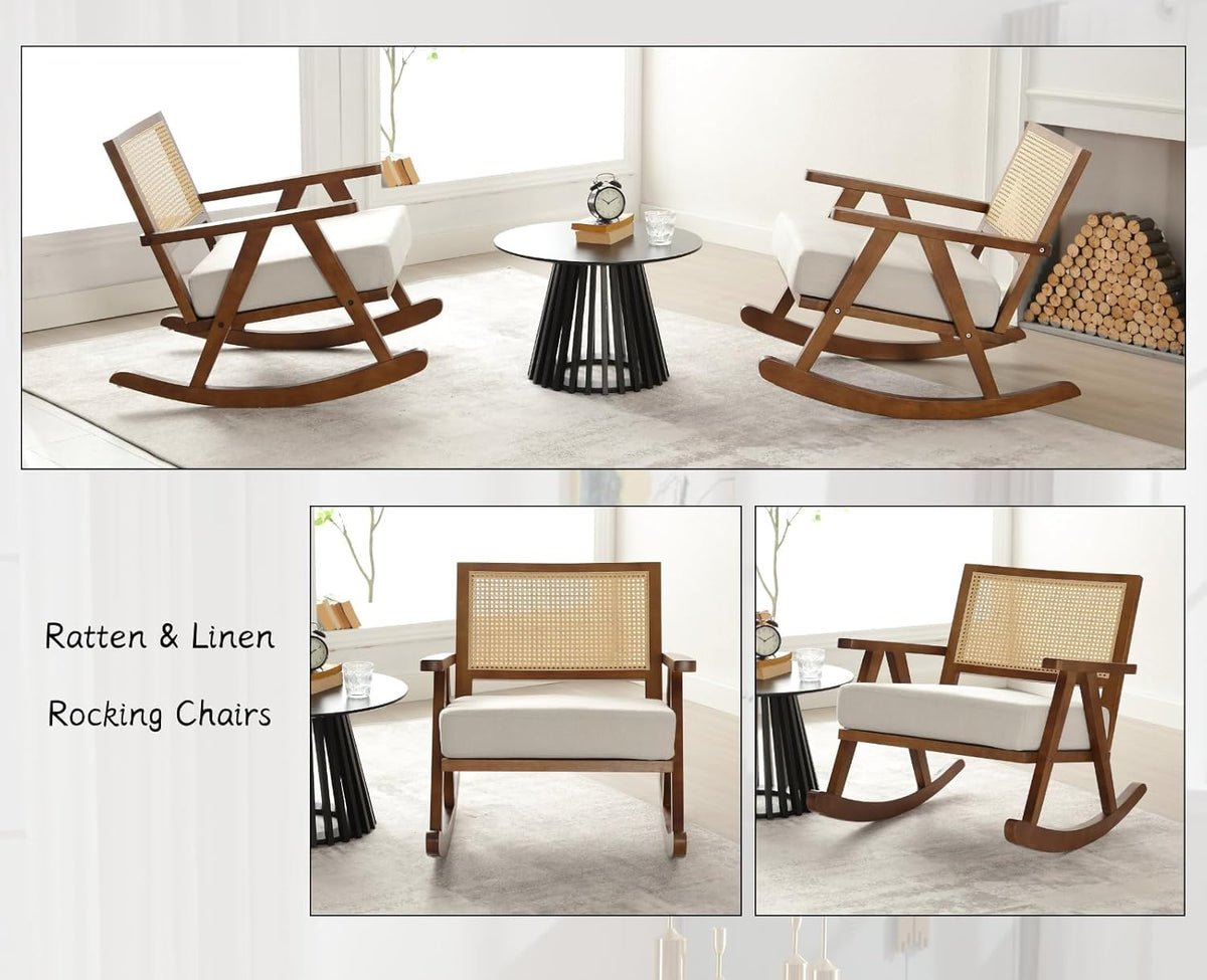 chairus Upholstered Rocking Chair for Living Room Linen Relax Chair with Rattan Backrest Leisure Lounge Recliner with Solid Wood Legs Bedroom (Brown)