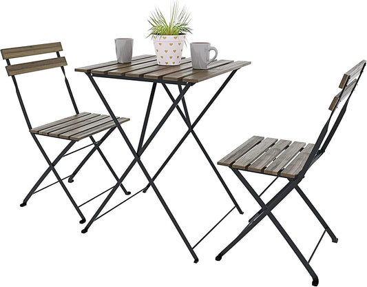 Set bistrood, 2 stoelen met klaptafel, ruimtebesparend, acaciahout en metaal, voor terras, tuin, balkon, outdoor, zwembad, terras, meubels, eenvoudig design, bruin